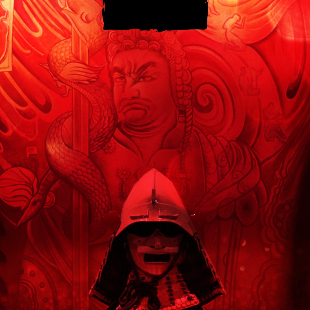 Bushido The Warrior’s Code: samurai armour in front of a red mural of a warrior, creative direction by Bashar Daas