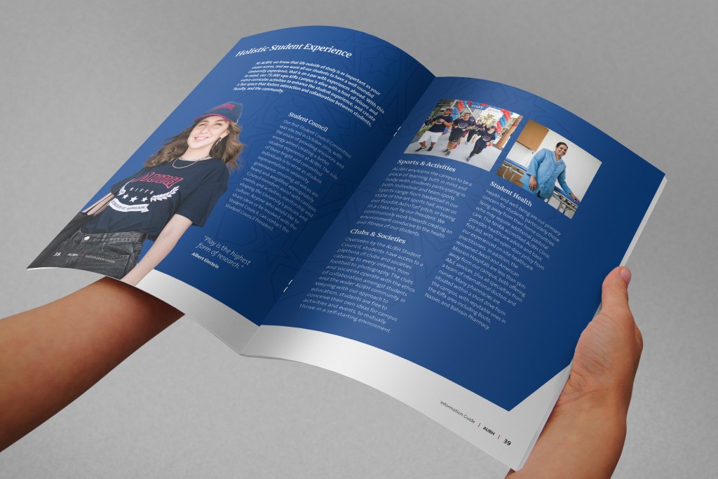 AUBH: Holistic Student Experience brochure spread held open, creative direction by Bashar Daas