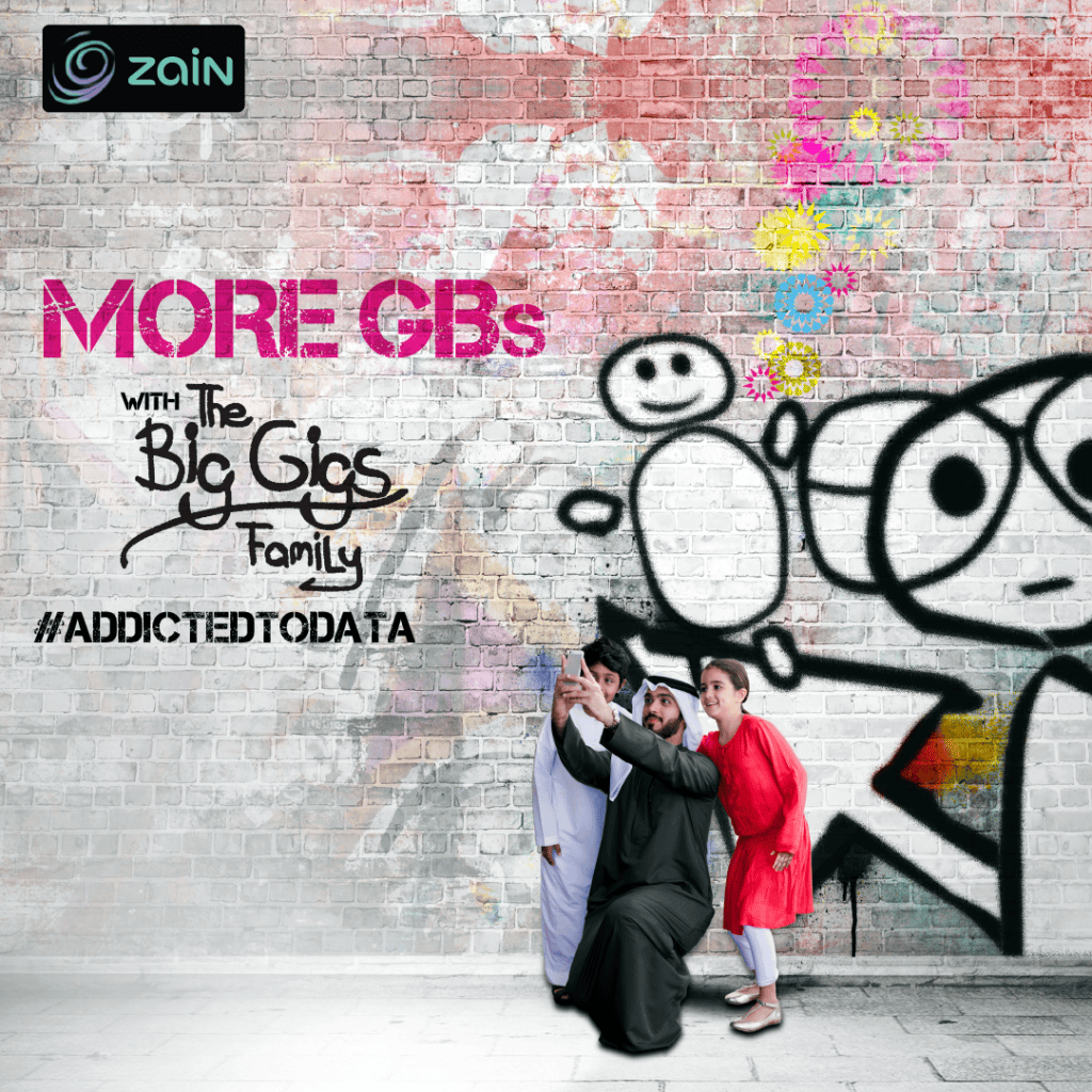 Zain Addicted to Data: “More GBs with The Big Gigs Family” ad, a family taking a selfie by a graffiti wall, creative direction by Bashar Daas