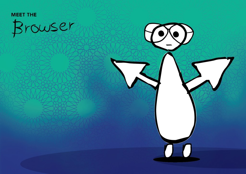 Zain Home Broadband: hand-drawn Big Gigs character: the Browser, in glasses with pointer arms, creative direction by Bashar Daas