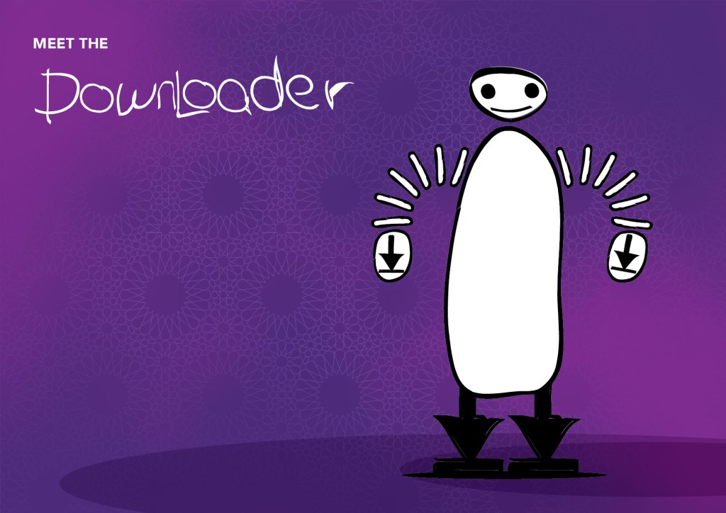 Zain Home Broadband: hand-drawn Big Gigs character: the Downloader, with download arrows, creative direction by Bashar Daas