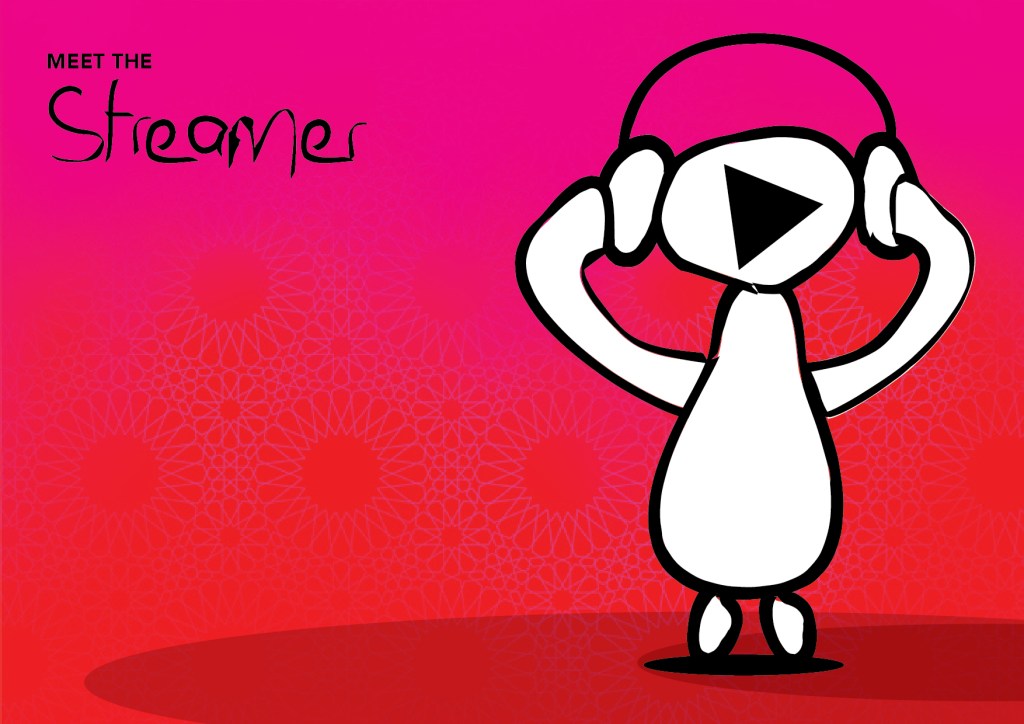Zain Home Broadband: hand-drawn Big Gigs character: the Streamer, in headphones with a play button face, creative direction by Bashar Daas