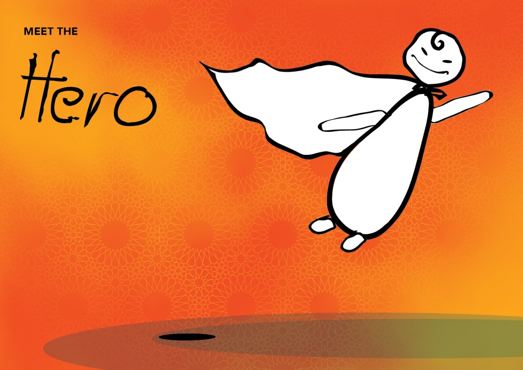 Zain Home Broadband: hand-drawn Big Gigs character: the Hero, flying in a cape, creative direction by Bashar Daas