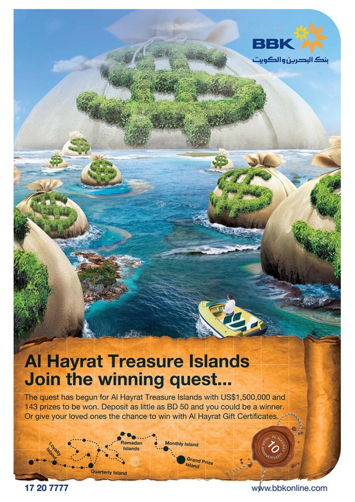 BBK Al Hayrat Rewards: “Al Hayrat Treasure Islands, join the winning quest” ad, islands shaped like money bags with a treasure-map route, creative direction by Bashar Daas