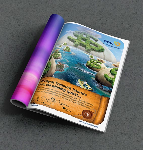 BBK Al Hayrat Rewards: the Treasure Islands ad in a magazine, creative direction by Bashar Daas