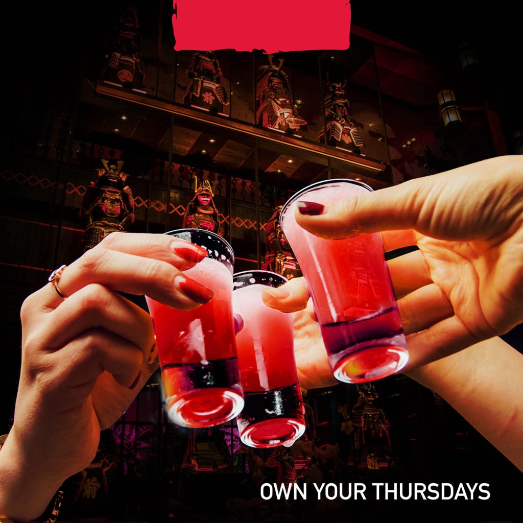 Bushido The Warrior’s Code: “Own your Thursdays”, hands raising pink shots, creative direction by Bashar Daas