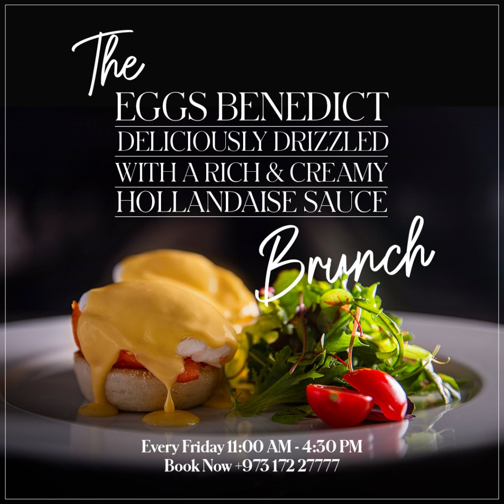 InterContinental Legendz Brunch: eggs Benedict with hollandaise against black, creative direction by Bashar Daas