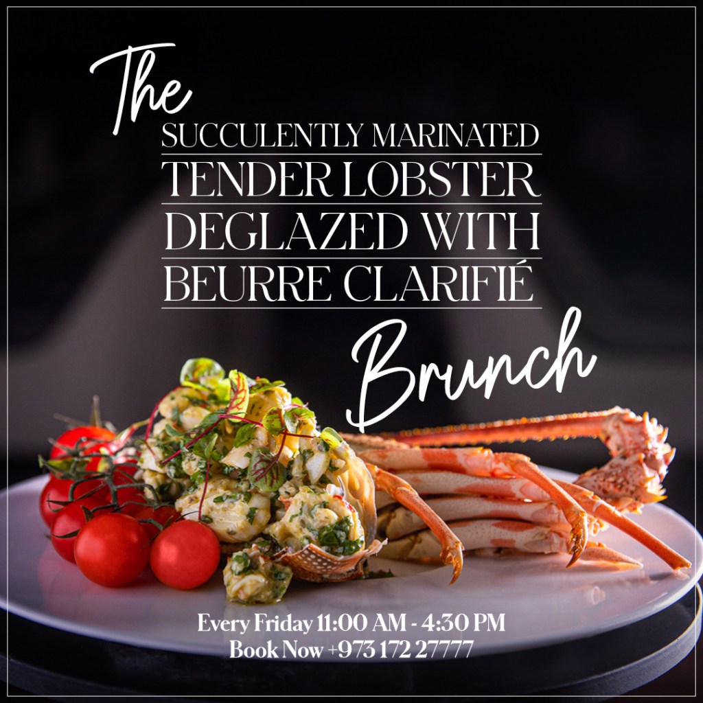InterContinental Legendz Brunch: marinated lobster deglazed with beurre clarifié against black, creative direction by Bashar Daas