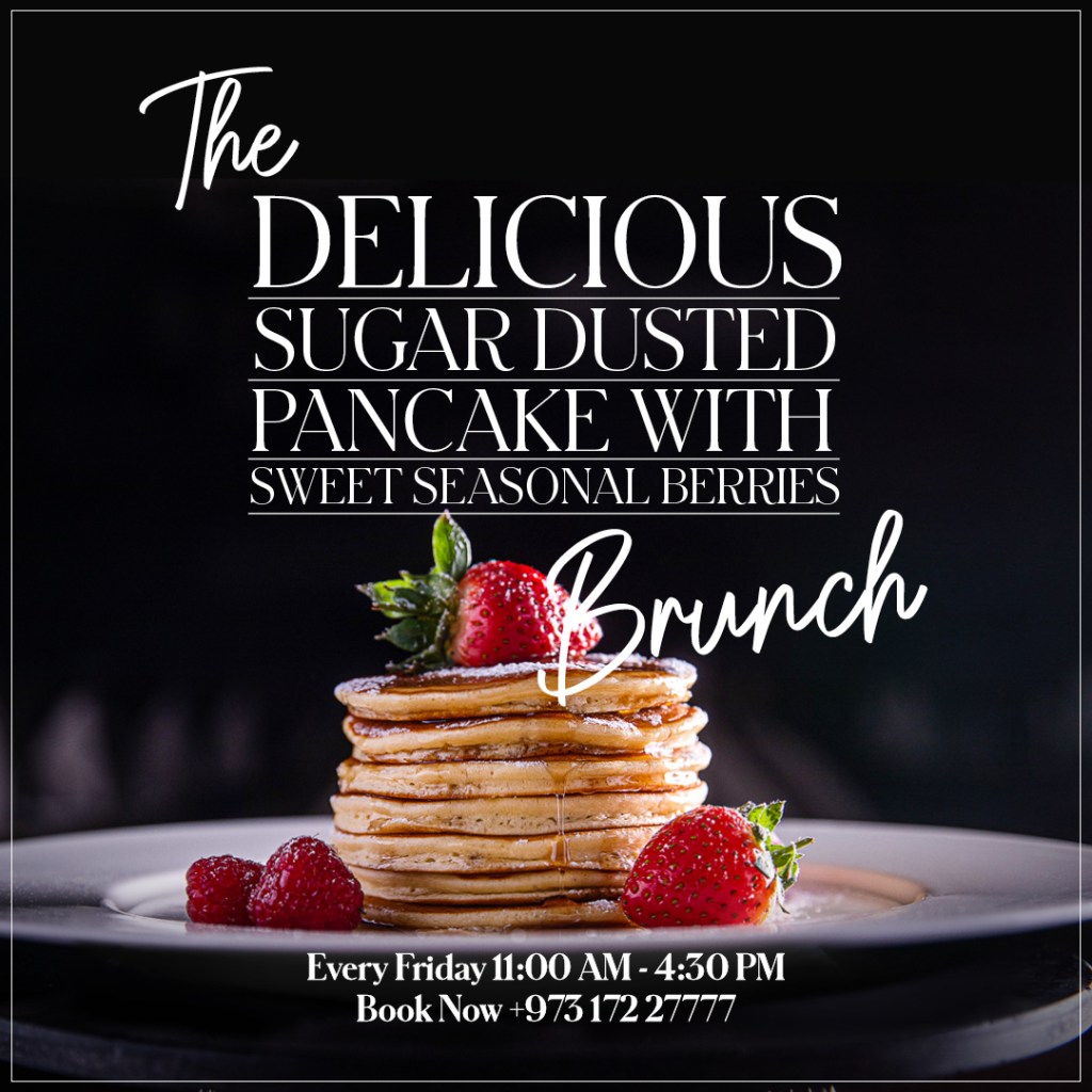 InterContinental Legendz Brunch: sugar-dusted pancakes with berries against black, creative direction by Bashar Daas