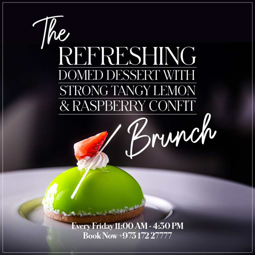 InterContinental Legendz Brunch: a green domed lemon and raspberry dessert against black, creative direction by Bashar Daas