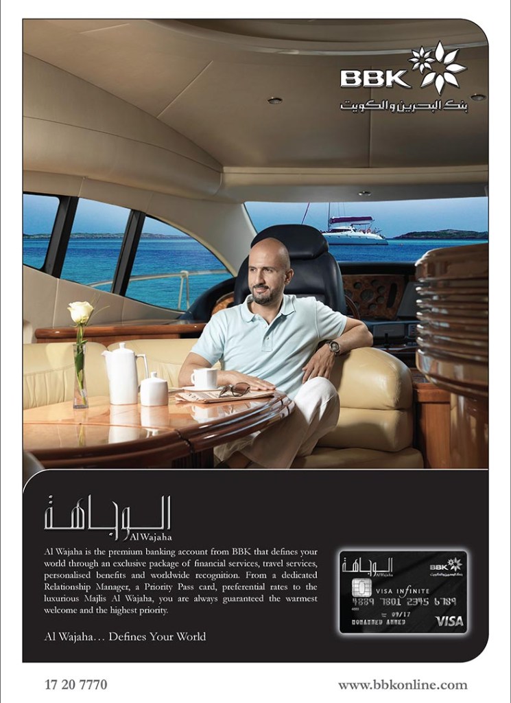 BBK Al Wajaha: press ad of a man at a table on board a yacht, creative direction by Bashar Daas