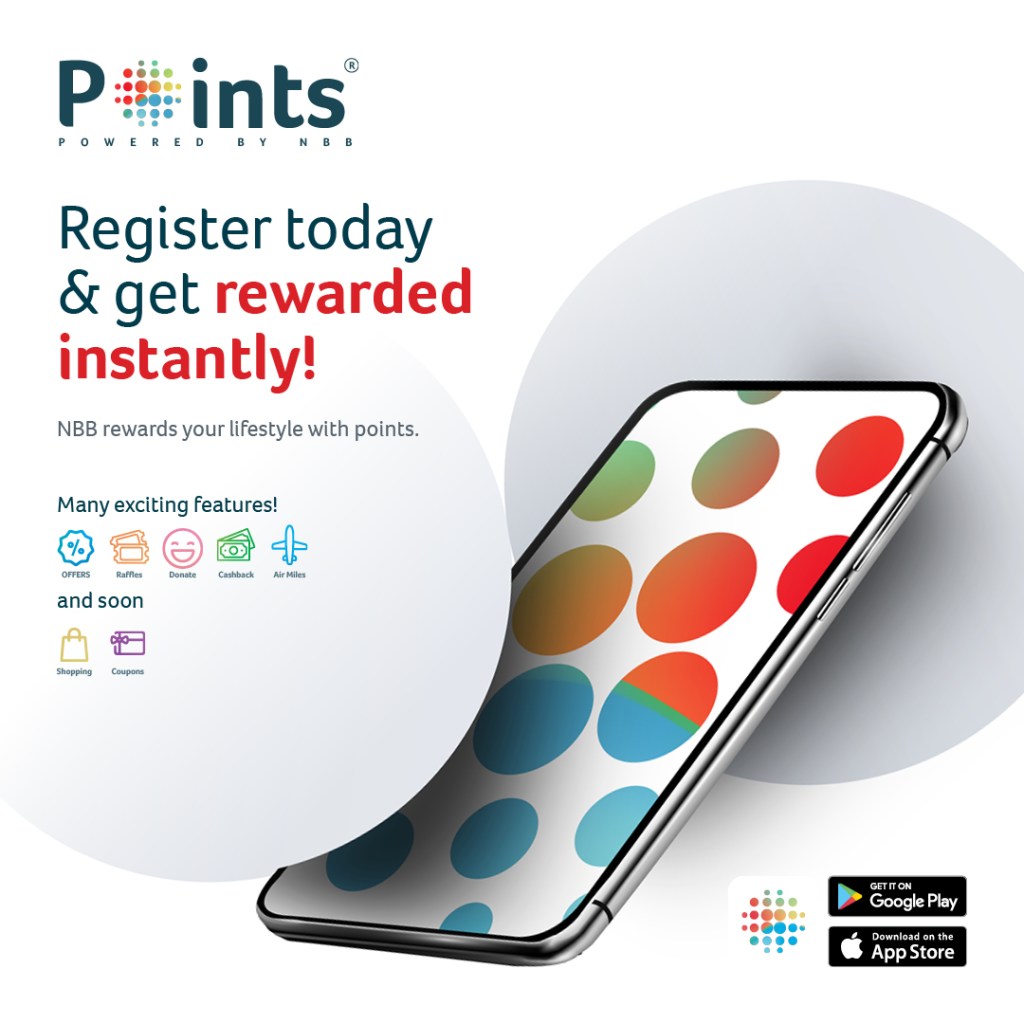 NBB Points: “Register today & get rewarded instantly!” post listing offers, raffles, donations, cashback and air miles, creative direction by Bashar Daas