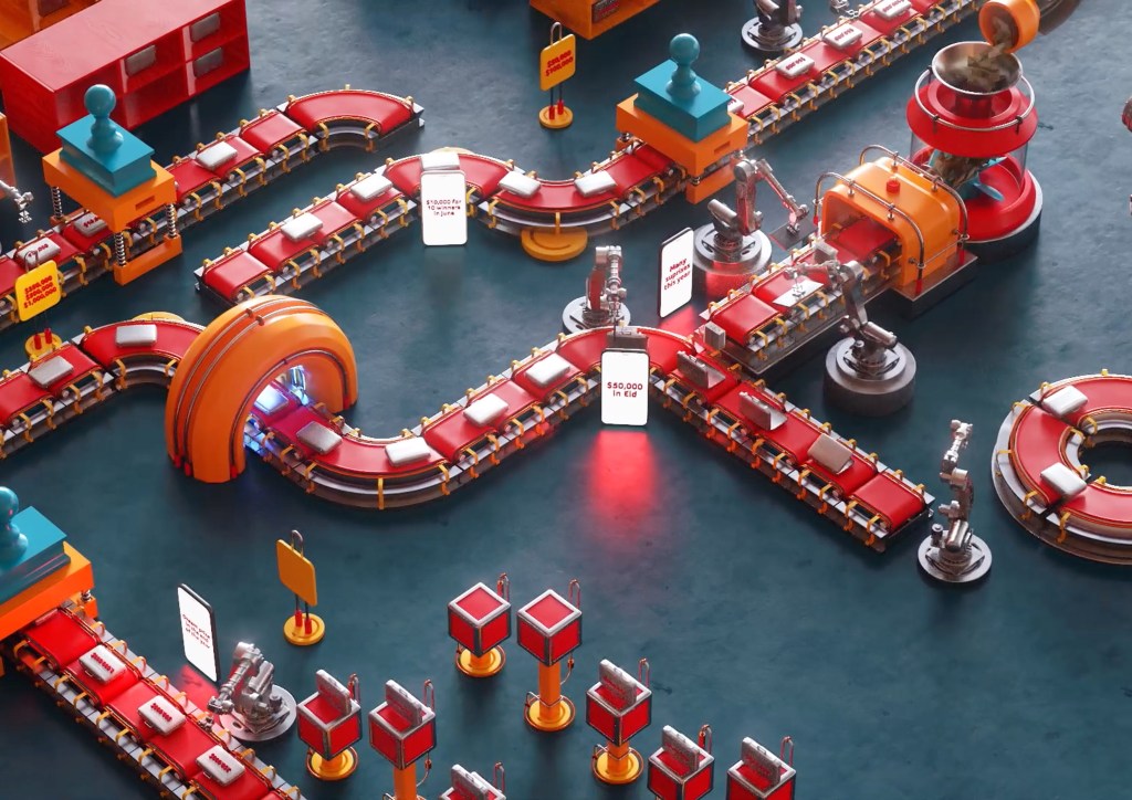 NBB Al Watani Dream Factory: 3D Dream Factory of red conveyor belts and robotic arms, creative direction by Bashar Daas