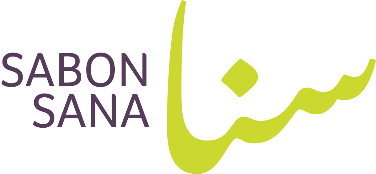 Sabon Sana logo: the English name beside the Arabic word Sana in green calligraphy, brand identity by Bashar Daas