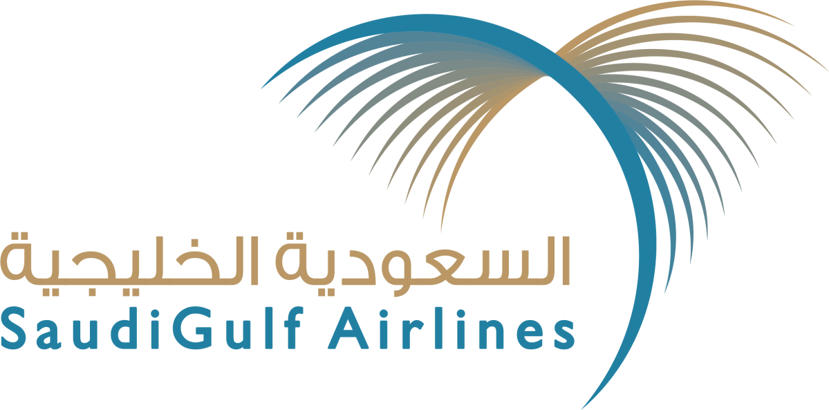 SaudiGulf Airlines logo: an abstract palm tree of fine lines shifting from sand gold to sky blue, arching over the name in Arabic and English, brand identity proposal by Bashar Daas