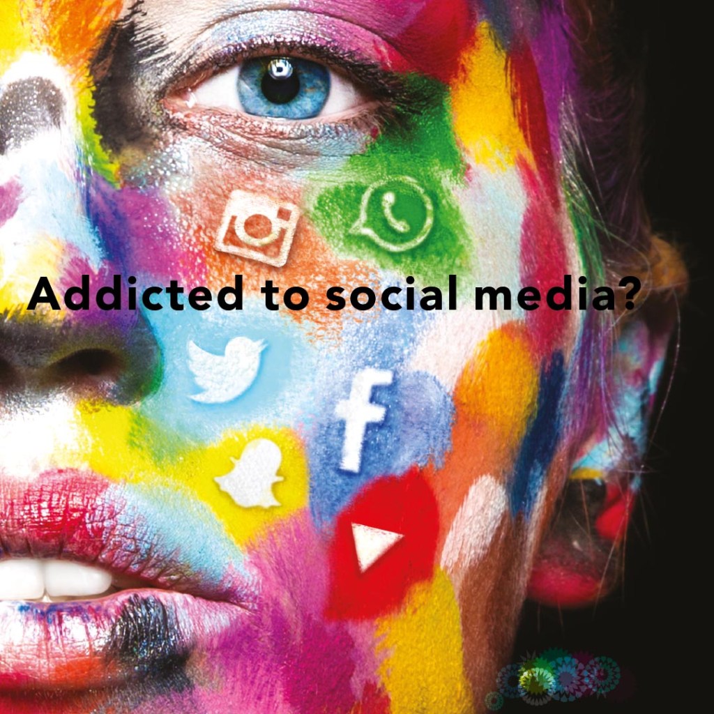 Zain Addicted to Social Media: “Addicted to social media?” over a face painted with app icons, creative direction by Bashar Daas