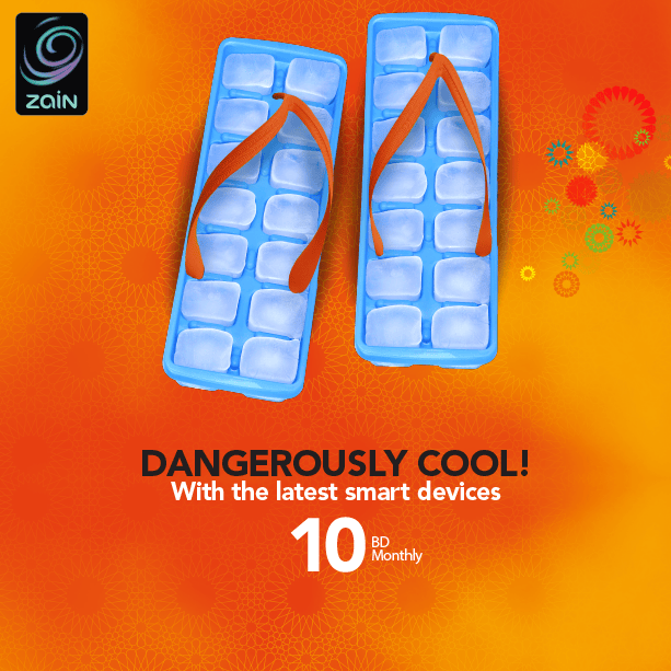Zain Summer: “Dangerously cool!” ad, flip-flops made from ice-cube trays, smart devices from BD 10 a month, creative direction by Bashar Daas