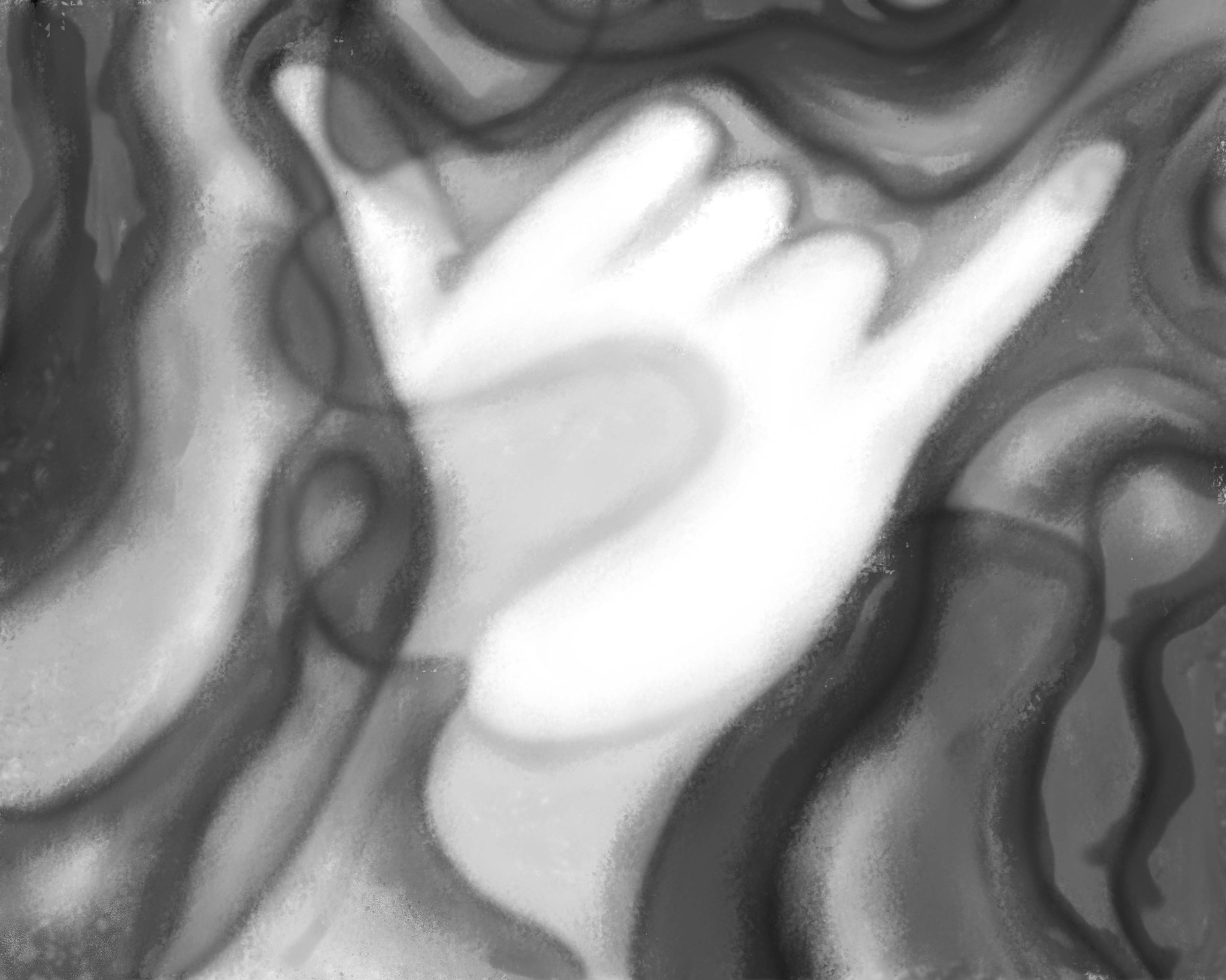 A painted hand making a “call me” gesture, in black and white