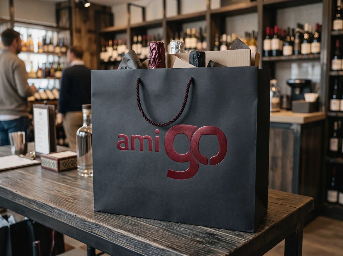 amigo: a charcoal shopping bag embossed with the red logo and filled with wrapped bottles, on the counter of a drinks store, brand identity by Bashar Daas