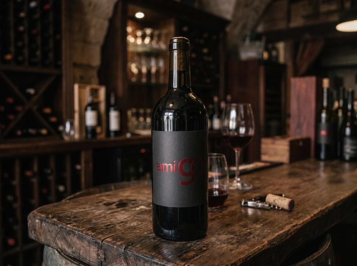 amigo: a red wine bottle with a charcoal label foiled with the red logo, on a wooden bar in a wine cellar, brand identity by Bashar Daas