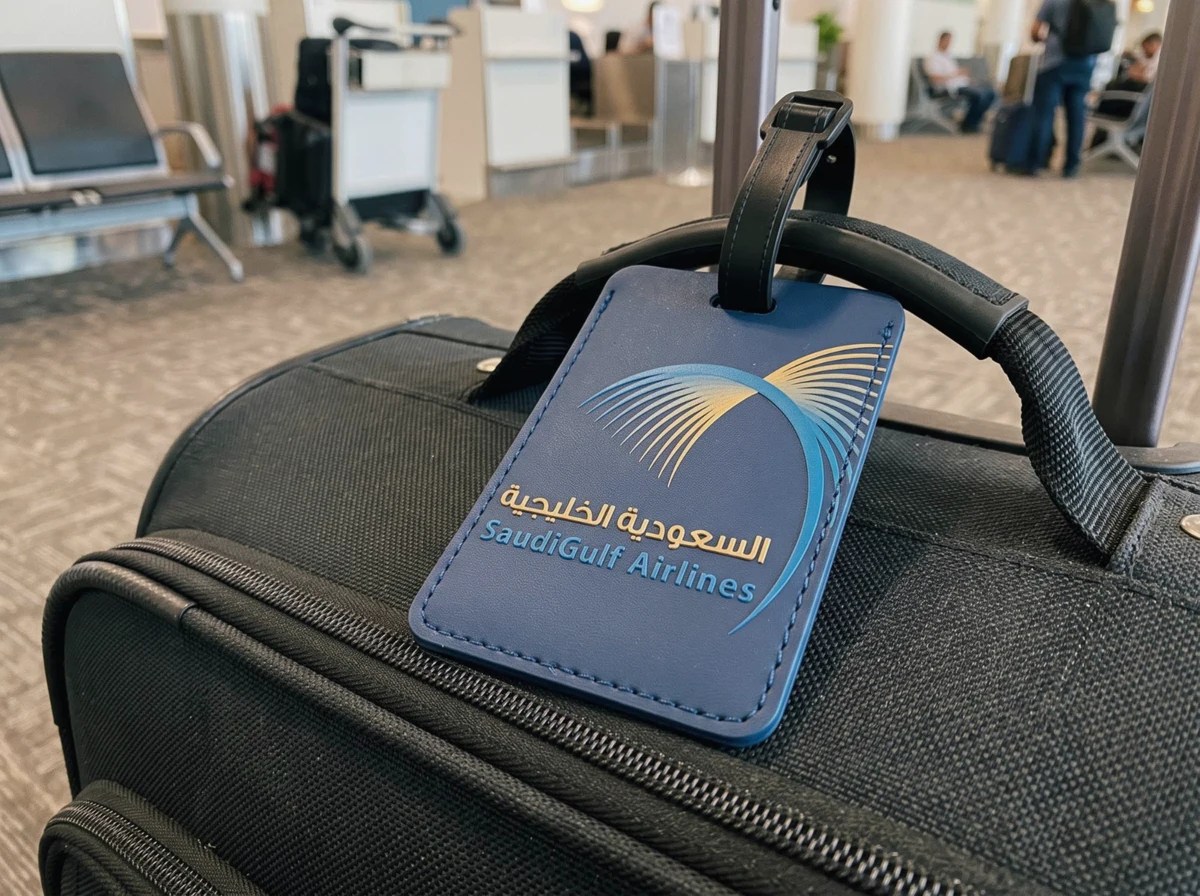 SaudiGulf Airlines: the blue and gold logo on a navy luggage tag on a carry-on bag at the gate, brand identity proposal by Bashar Daas