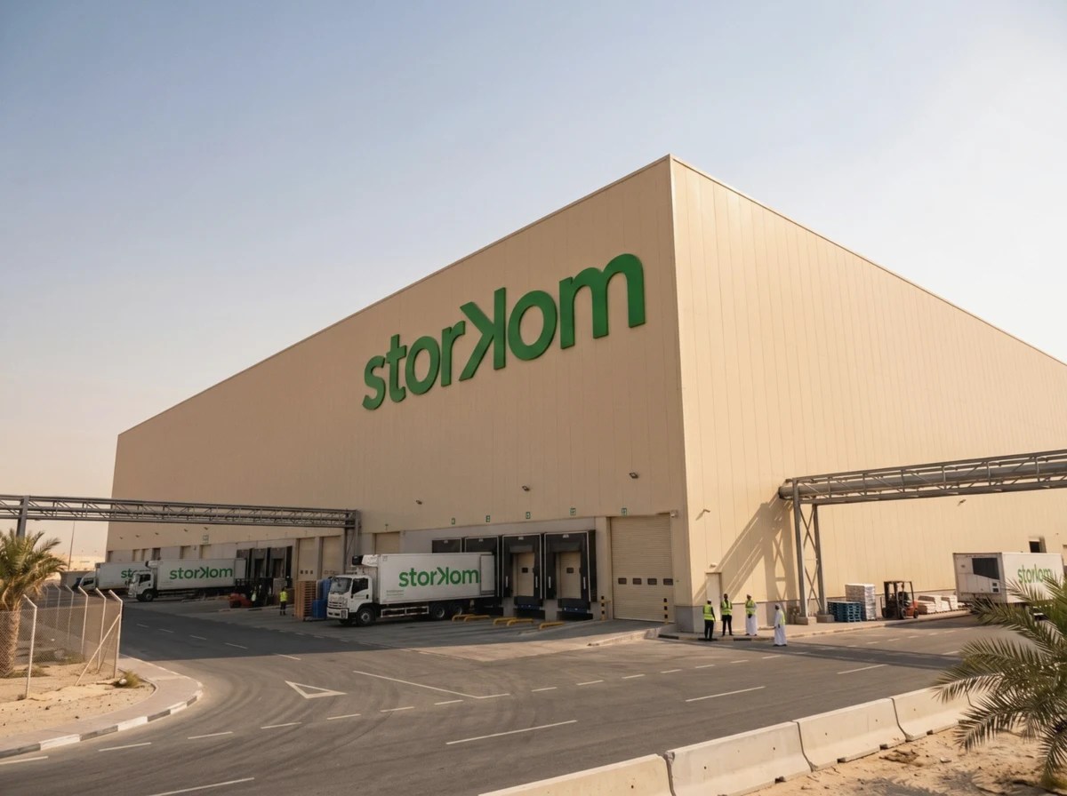 StorKom: the logotype on a warehouse facade, with branded trucks at the loading bays, brand identity by Bashar Daas